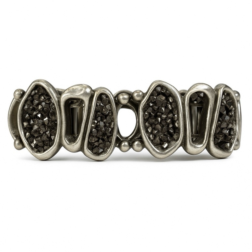Chunky Silver Stretch Bracelet With Black Crystals